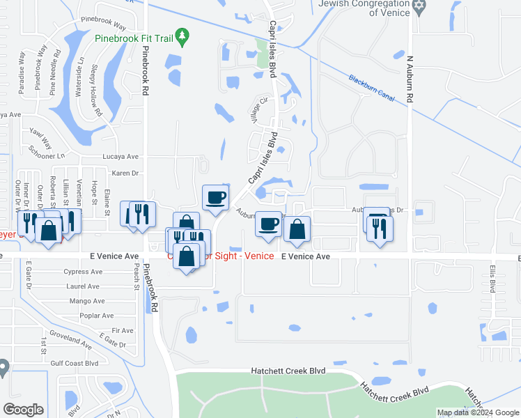 map of restaurants, bars, coffee shops, grocery stores, and more near 1320 Gondola Park Drive in Venice