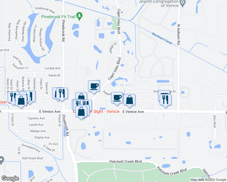 map of restaurants, bars, coffee shops, grocery stores, and more near 1315 Gondola Park Drive in Venice