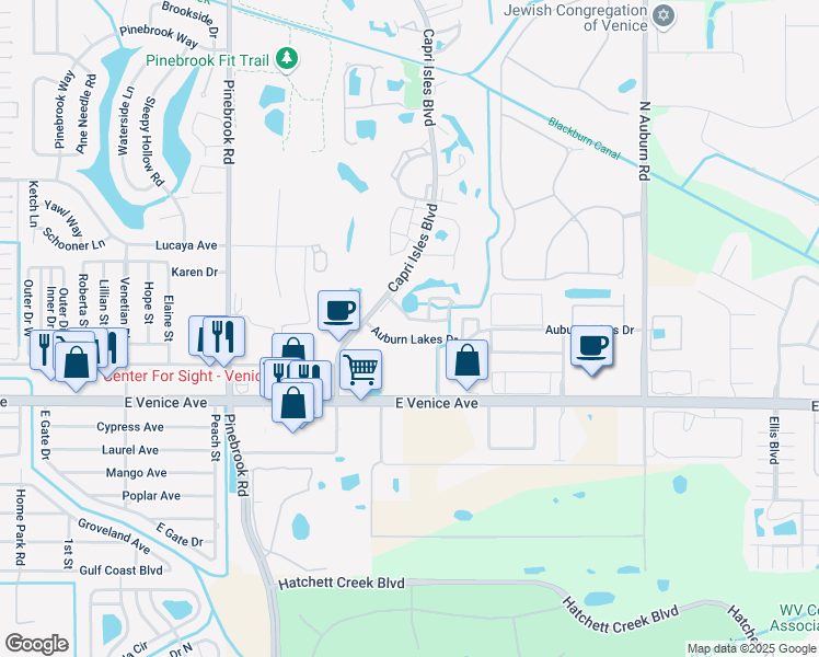 map of restaurants, bars, coffee shops, grocery stores, and more near 1401 Gondola Park Drive in Venice