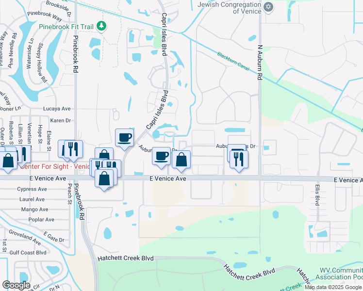 map of restaurants, bars, coffee shops, grocery stores, and more near 1204 Auburn Cove Circle in Venice