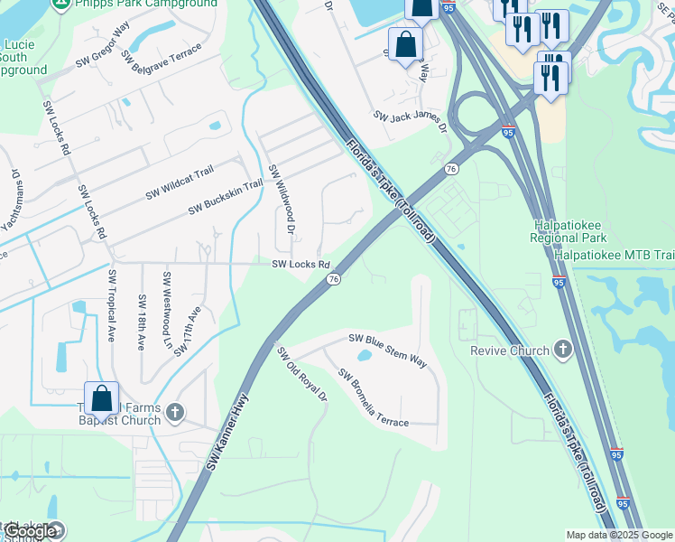 map of restaurants, bars, coffee shops, grocery stores, and more near SW Kanner Hwy & SW Locks Rd in Stuart