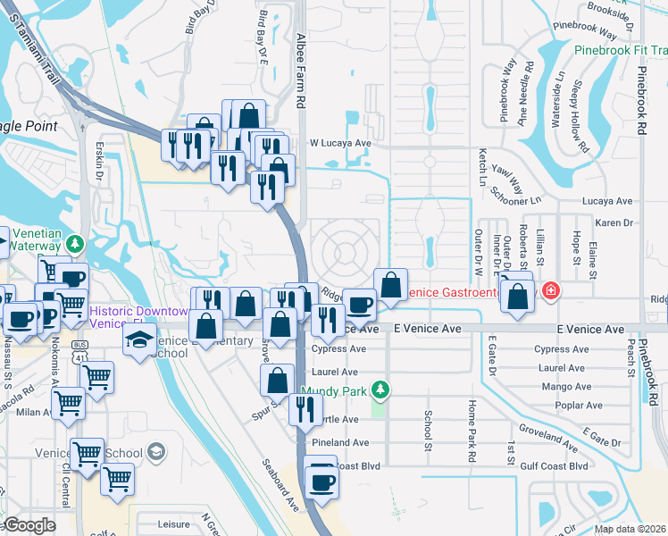 map of restaurants, bars, coffee shops, grocery stores, and more near 706 Jacaranda Circle in Venice