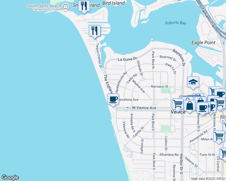 map of restaurants, bars, coffee shops, grocery stores, and more near 800 Apalachicola Road in Venice