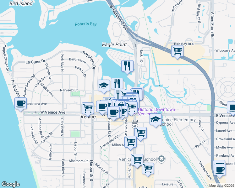 map of restaurants, bars, coffee shops, grocery stores, and more near 244 St Augustine Ave in Venice