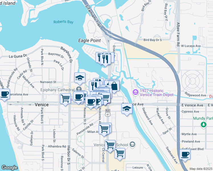 map of restaurants, bars, coffee shops, grocery stores, and more near 245 North Tamiami Trail in Venice