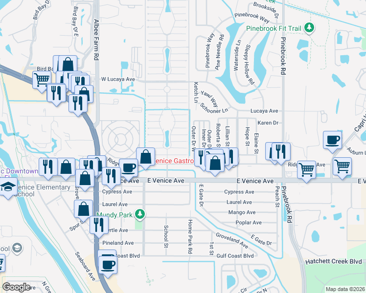 map of restaurants, bars, coffee shops, grocery stores, and more near 974 Cayman Avenue East in Venice