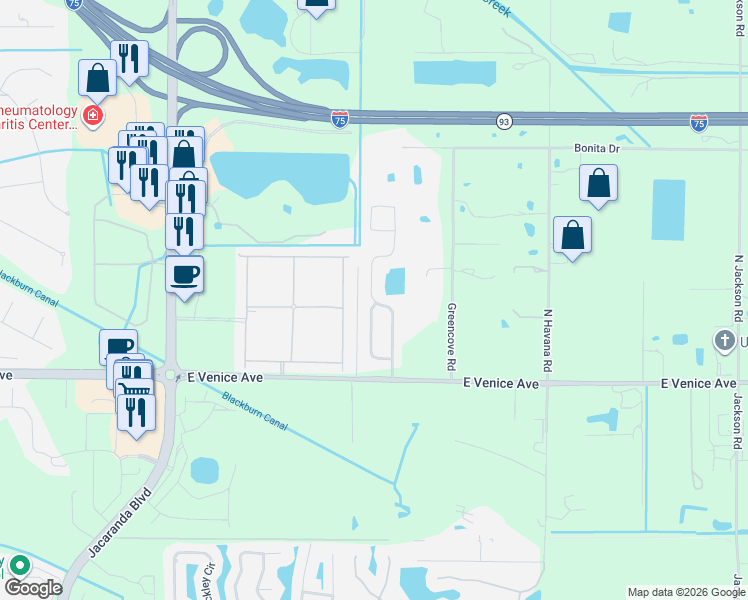 map of restaurants, bars, coffee shops, grocery stores, and more near Wading Bird Drive in Venice
