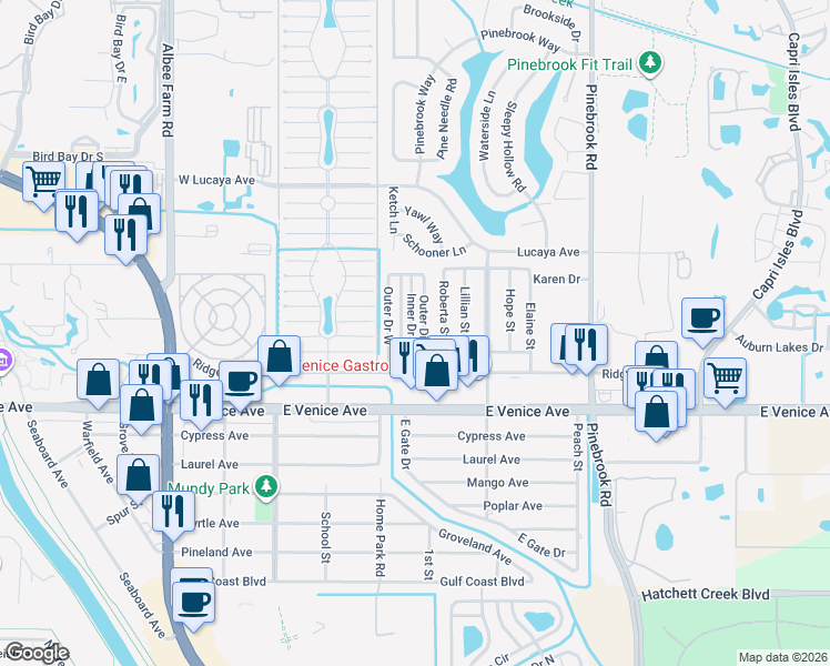 map of restaurants, bars, coffee shops, grocery stores, and more near 217 Outer Drive East in Venice