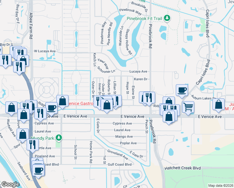 map of restaurants, bars, coffee shops, grocery stores, and more near 1016 Barbara Drive in Venice