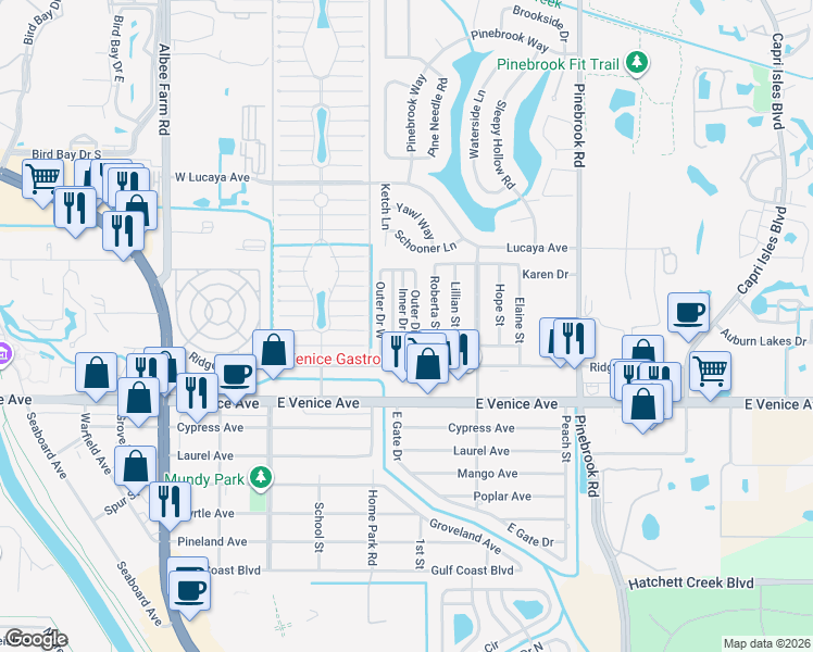 map of restaurants, bars, coffee shops, grocery stores, and more near 217 Outer Drive East in Venice
