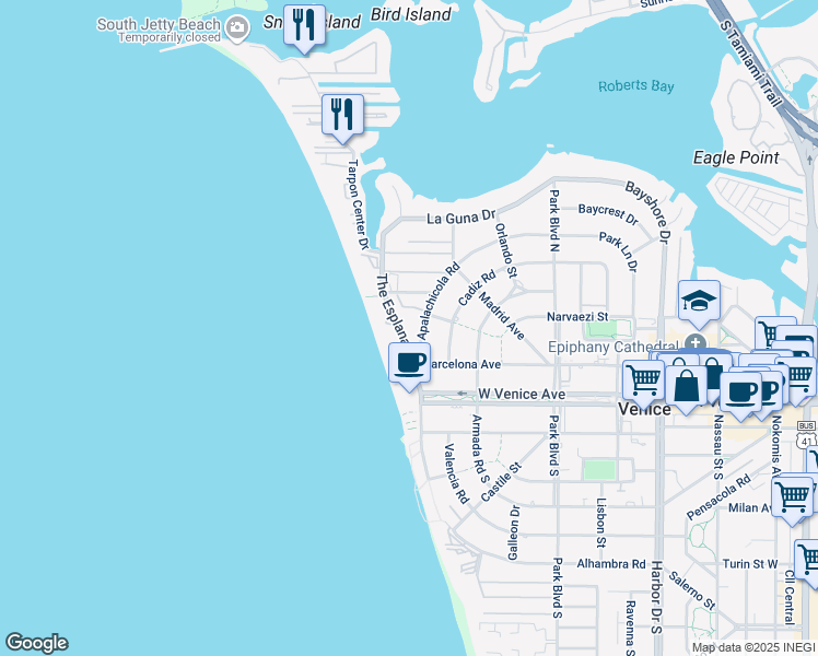 map of restaurants, bars, coffee shops, grocery stores, and more near 800 Apalachicola Road in Venice