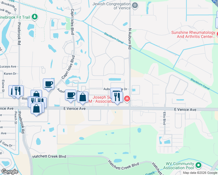 map of restaurants, bars, coffee shops, grocery stores, and more near 2404 Auburn Lakes Circle in Venice