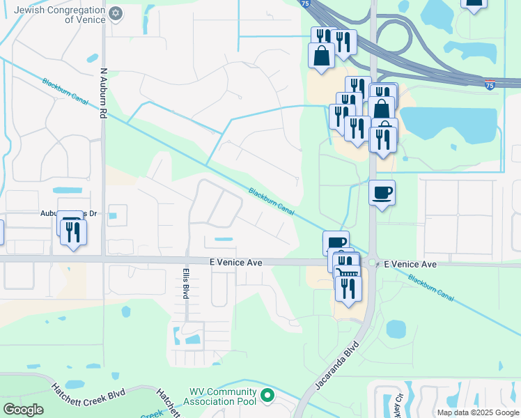 map of restaurants, bars, coffee shops, grocery stores, and more near 133 Areca Palm Court in Venice