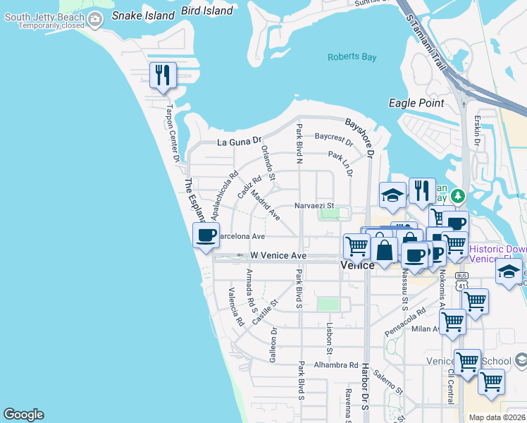 map of restaurants, bars, coffee shops, grocery stores, and more near 711 Armada Road North in Venice