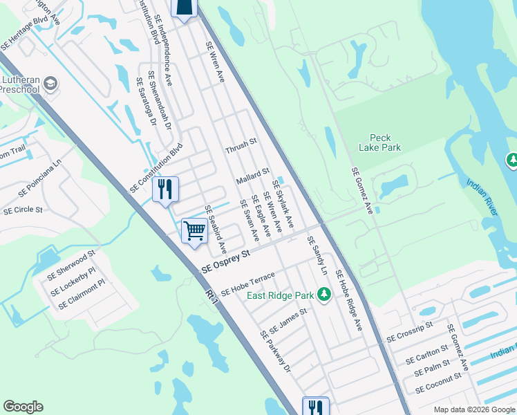 map of restaurants, bars, coffee shops, grocery stores, and more near Southeast Eagle Avenue in Hobe Sound