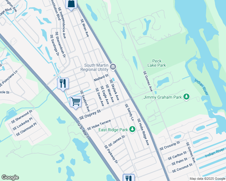 map of restaurants, bars, coffee shops, grocery stores, and more near 8395 Southeast Wren Avenue in Hobe Sound