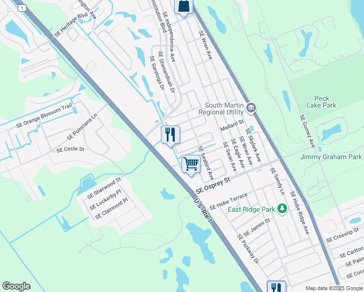 map of restaurants, bars, coffee shops, grocery stores, and more near 7138 Southeast Bluebird Circle in Hobe Sound