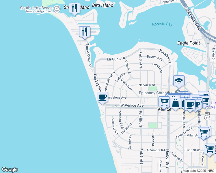 map of restaurants, bars, coffee shops, grocery stores, and more near 721 Apalachicola Road in Venice