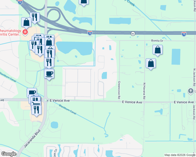 map of restaurants, bars, coffee shops, grocery stores, and more near 132 Wading Bird Drive in Venice