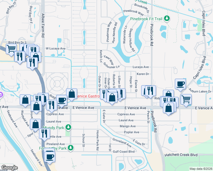 map of restaurants, bars, coffee shops, grocery stores, and more near 217 Outer Drive East in Venice