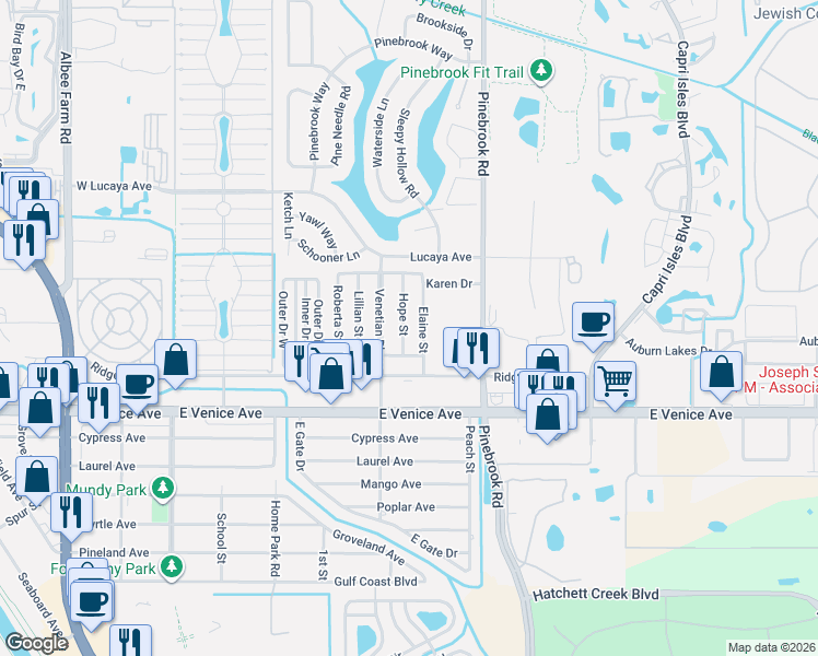 map of restaurants, bars, coffee shops, grocery stores, and more near 1019 Hope Street in Venice