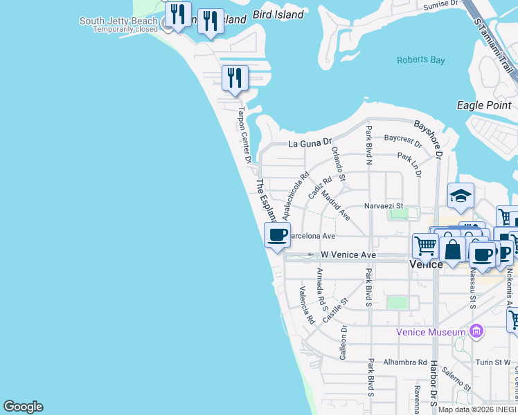 map of restaurants, bars, coffee shops, grocery stores, and more near 333 The Esplanade North in Venice