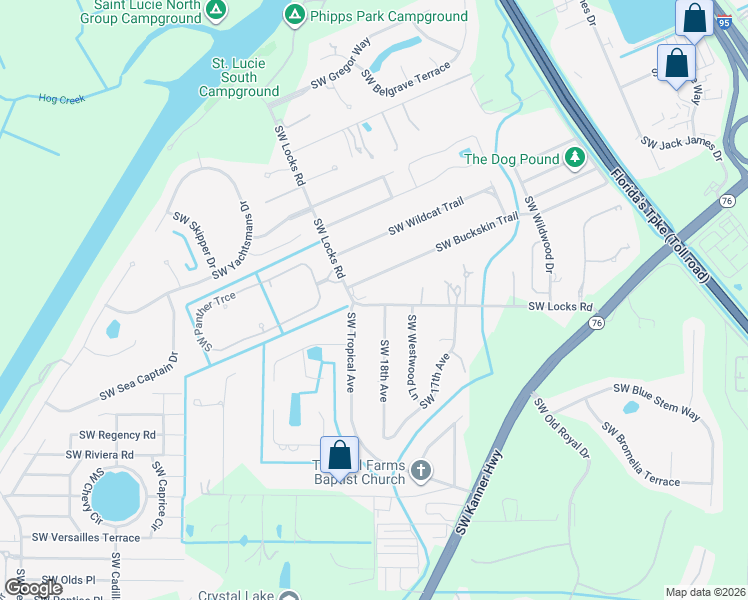 map of restaurants, bars, coffee shops, grocery stores, and more near 1828 Southwest Buckskin Trail in Stuart