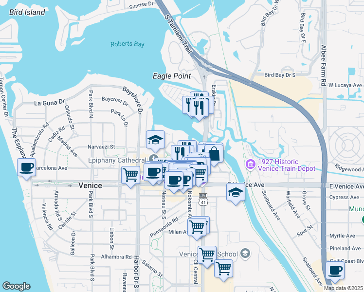 map of restaurants, bars, coffee shops, grocery stores, and more near 260 Santa Maria Street in Venice