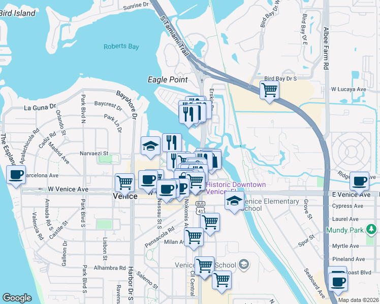 map of restaurants, bars, coffee shops, grocery stores, and more near 459 North Tamiami Trail in Sarasota