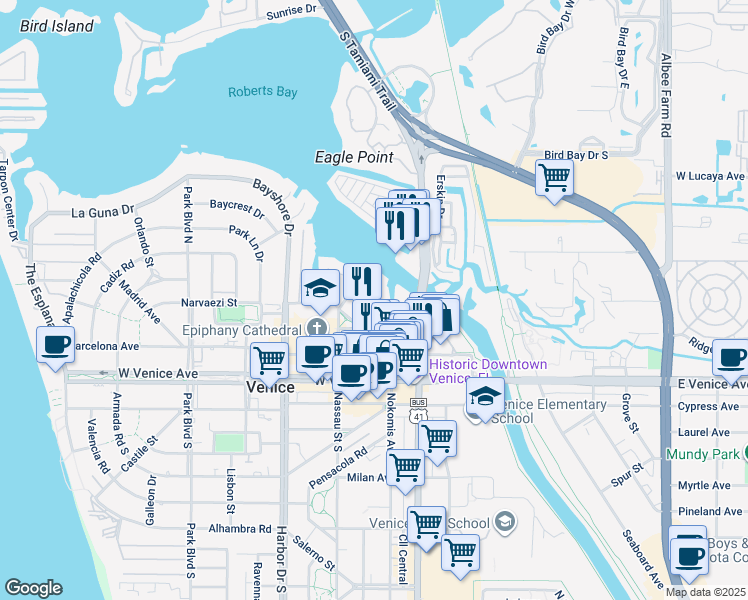 map of restaurants, bars, coffee shops, grocery stores, and more near 260 Santa Maria Street in Venice