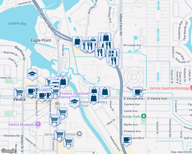 map of restaurants, bars, coffee shops, grocery stores, and more near 615 Christina Court in Venice
