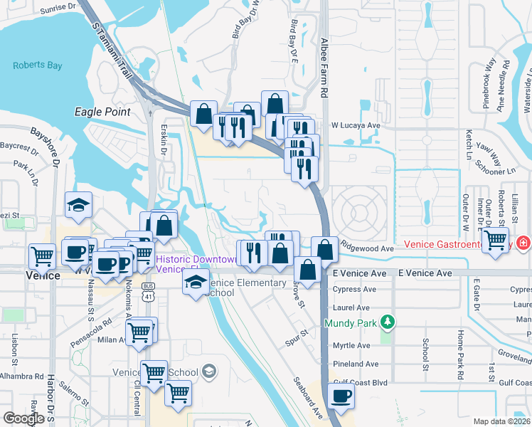 map of restaurants, bars, coffee shops, grocery stores, and more near 605 Marcus Street in Venice