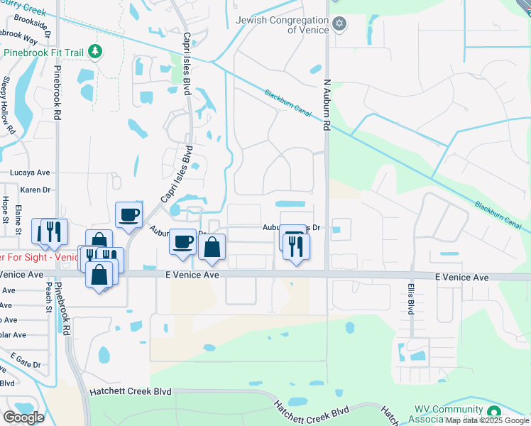 map of restaurants, bars, coffee shops, grocery stores, and more near 1804 Auburn Lakes Circle in Venice