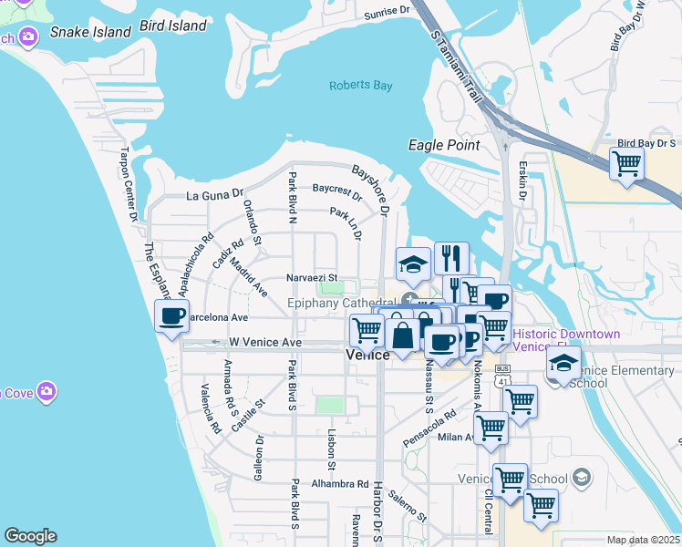 map of restaurants, bars, coffee shops, grocery stores, and more near 308 Parkdale Drive in Venice