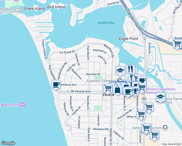 map of restaurants, bars, coffee shops, grocery stores, and more near 309 Parkside Drive in Venice