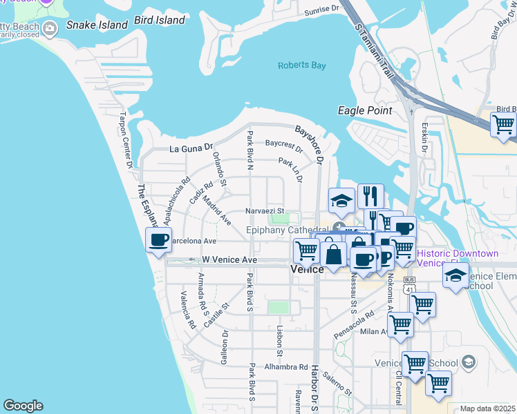 map of restaurants, bars, coffee shops, grocery stores, and more near 309 Parkside Drive in Venice