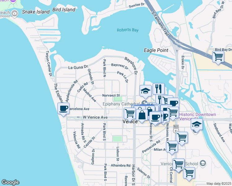 map of restaurants, bars, coffee shops, grocery stores, and more near 308 Parkdale Drive in Venice