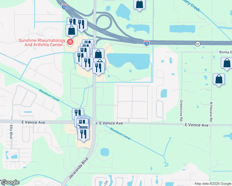 map of restaurants, bars, coffee shops, grocery stores, and more near 19313 Nearpoint Drive in Venice