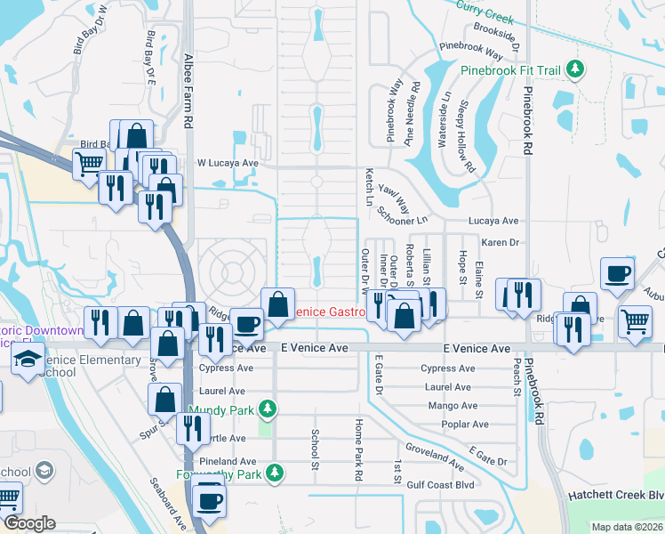 map of restaurants, bars, coffee shops, grocery stores, and more near 969 Eleuthera Street East in Venice