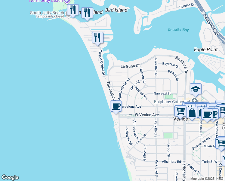 map of restaurants, bars, coffee shops, grocery stores, and more near 500 The Esplanade North in Venice