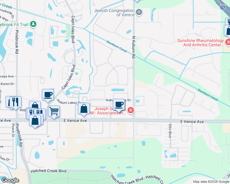 map of restaurants, bars, coffee shops, grocery stores, and more near 1804 Auburn Lakes Circle in Venice