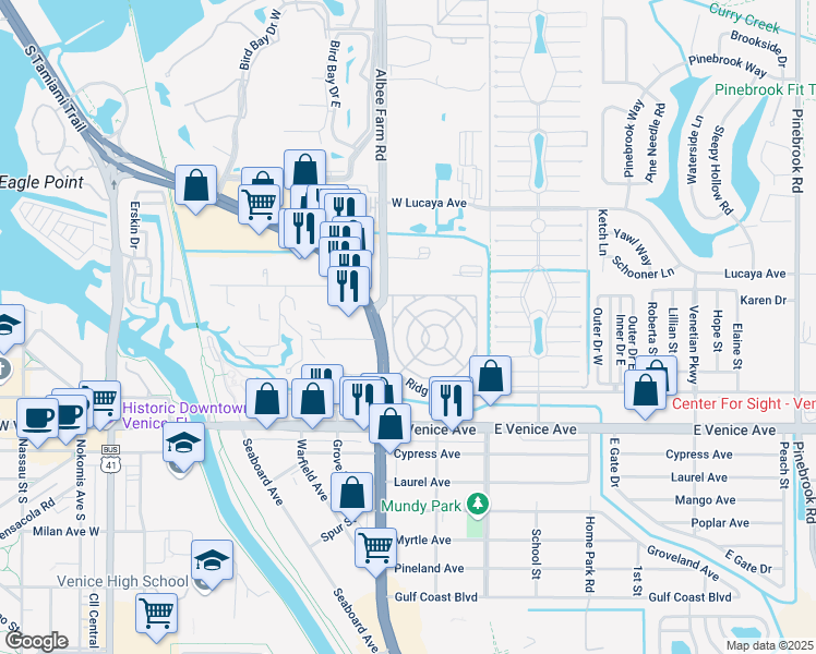 map of restaurants, bars, coffee shops, grocery stores, and more near 351 Allamanda Circle in Venice