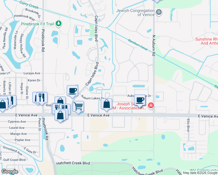 map of restaurants, bars, coffee shops, grocery stores, and more near 904 Gondola Park Drive in Venice