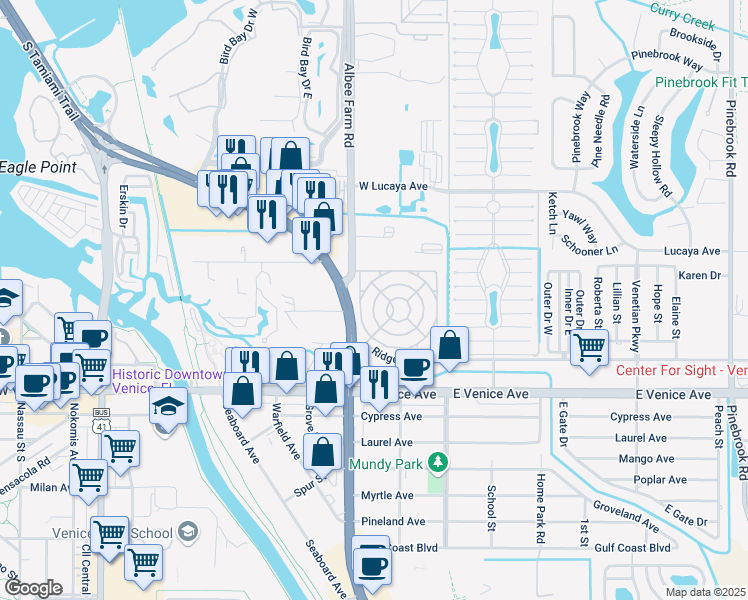 map of restaurants, bars, coffee shops, grocery stores, and more near 351 Allamanda Circle in Venice