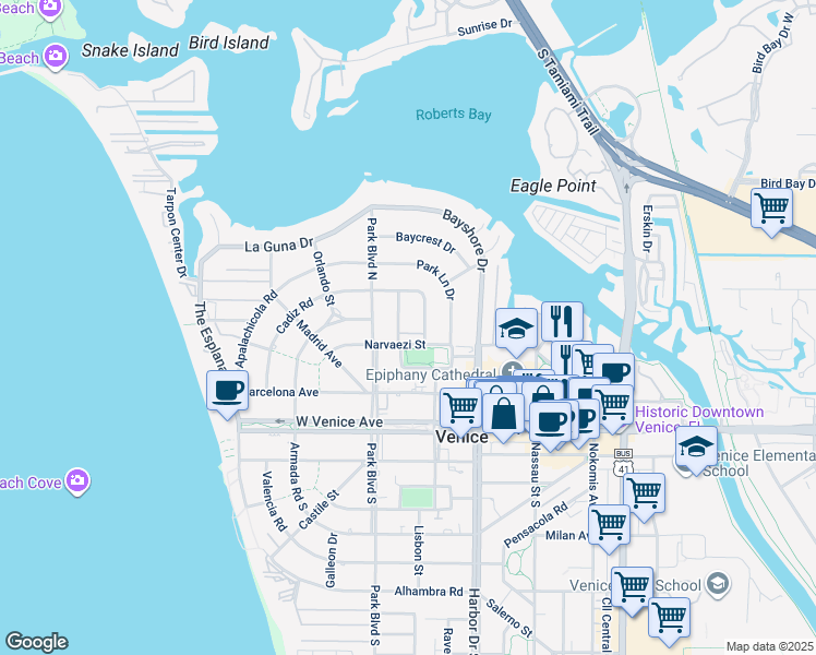 map of restaurants, bars, coffee shops, grocery stores, and more near 309 Parkside Drive in Venice