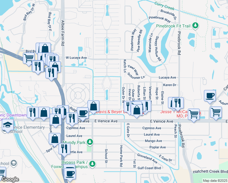 map of restaurants, bars, coffee shops, grocery stores, and more near 969 Eleuthera Street East in Venice