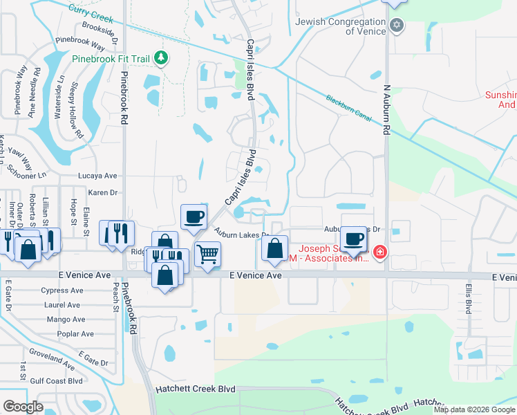 map of restaurants, bars, coffee shops, grocery stores, and more near 802 Gondola Park Drive in Venice