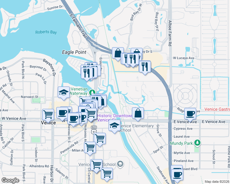 map of restaurants, bars, coffee shops, grocery stores, and more near 408 Hatchett Creek Road in Venice