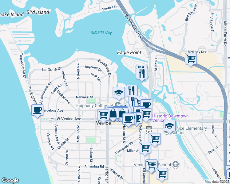 map of restaurants, bars, coffee shops, grocery stores, and more near 304 West Bay Drive in Venice
