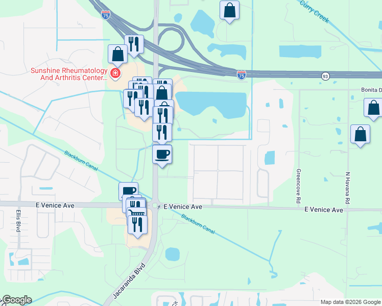 map of restaurants, bars, coffee shops, grocery stores, and more near 19313 Nearpoint Drive in Venice